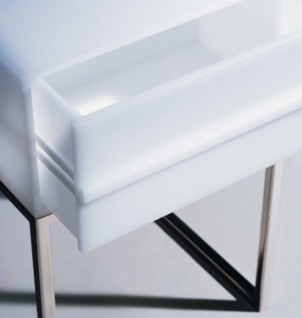 Custom furniture design luxury home decor white plexi chevet air bedside table with drawer close up